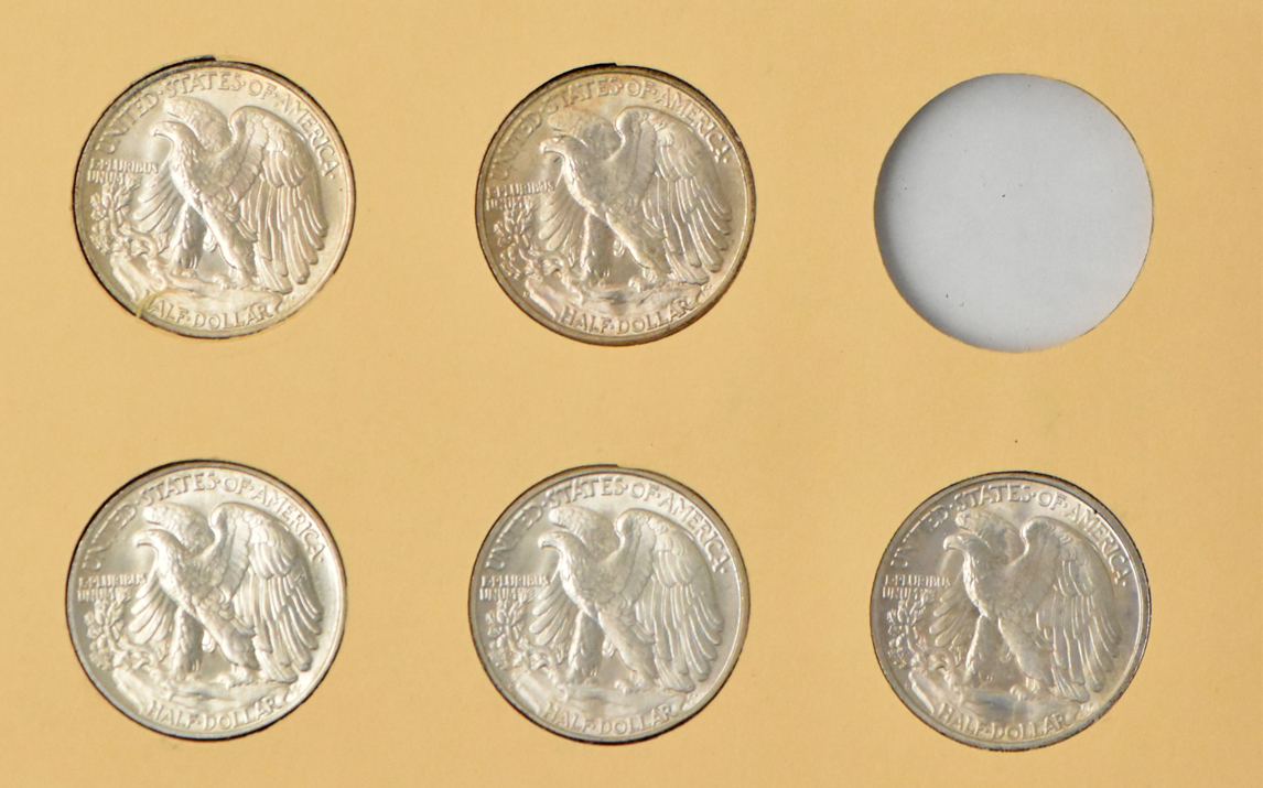 Collection of Walking Liberty half dollars, 1937-D through 1947-D, in a complete Library of Coins Vol. 20 album