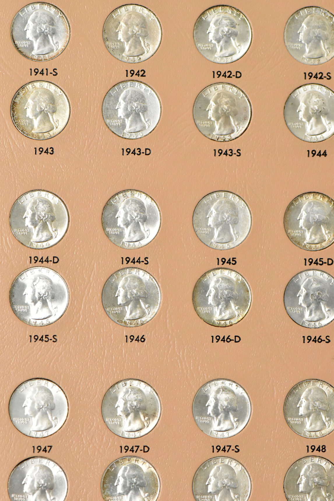 Complete collection of Washington quarters including proof-only issued, 1932 through 1998-S silver Proof, in a Dansco 8140 album
