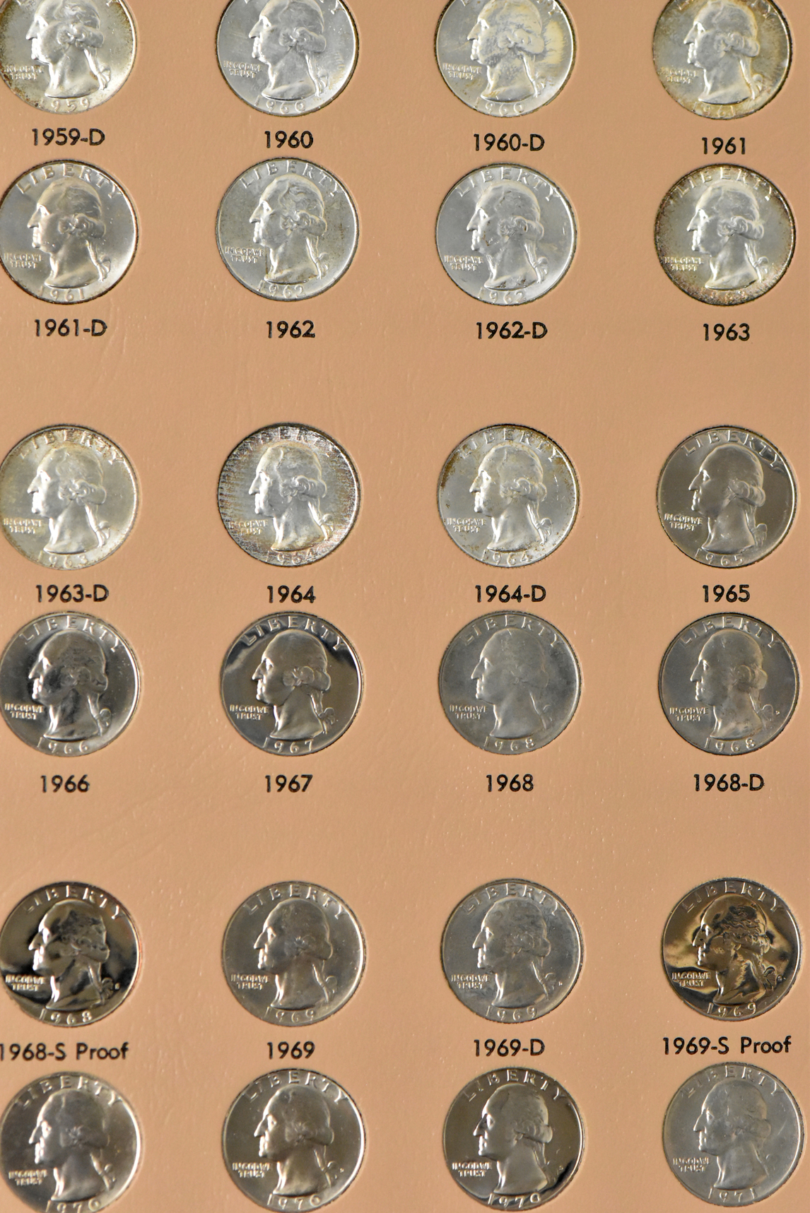 Complete collection of Washington quarters including proof-only issued, 1932 through 1998-S silver Proof, in a Dansco 8140 album