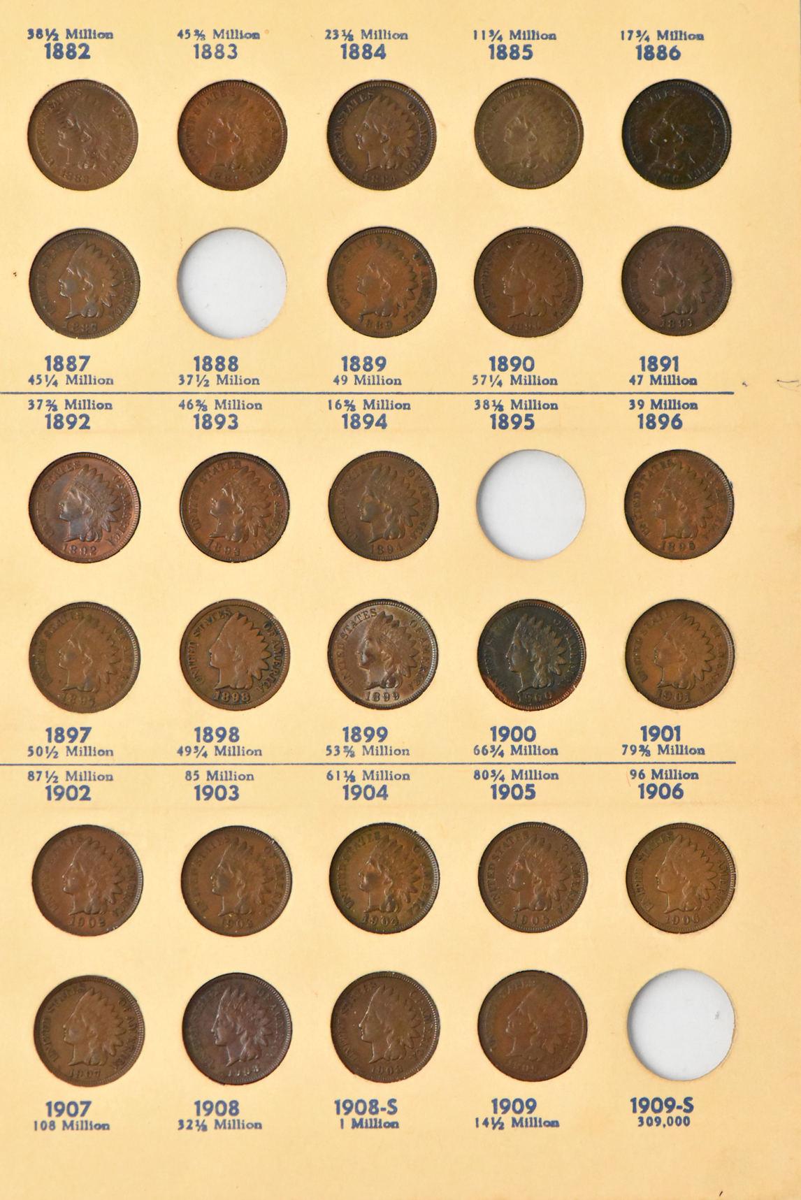 Three Flying Eagle cents and 51 Indian cents in a Library of Coins Vol. 1 album