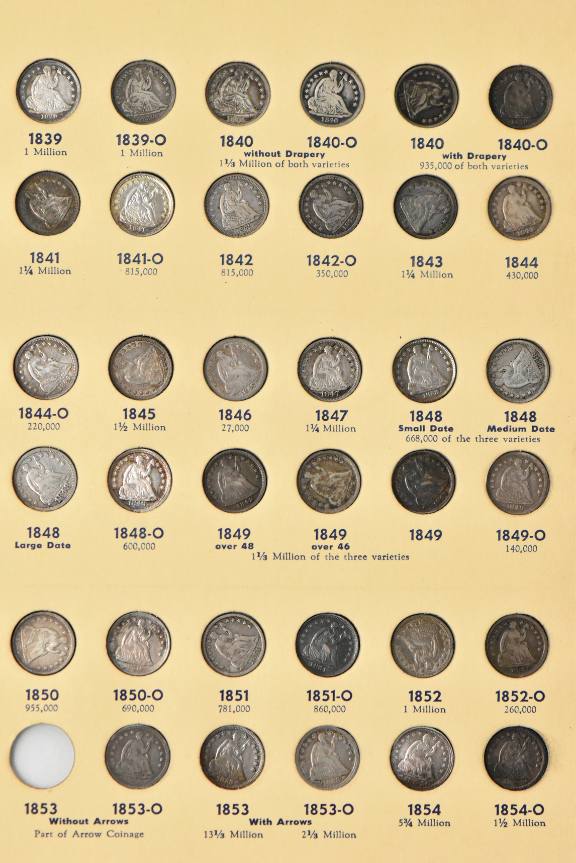 Collection of 86 different half dimes in a Library of Coins Vol. 40 album