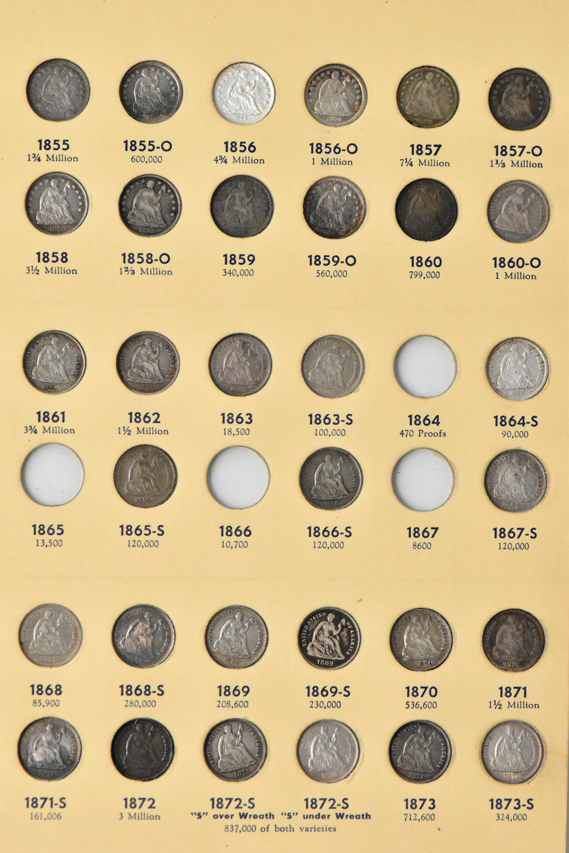 Collection of 86 different half dimes in a Library of Coins Vol. 40 album