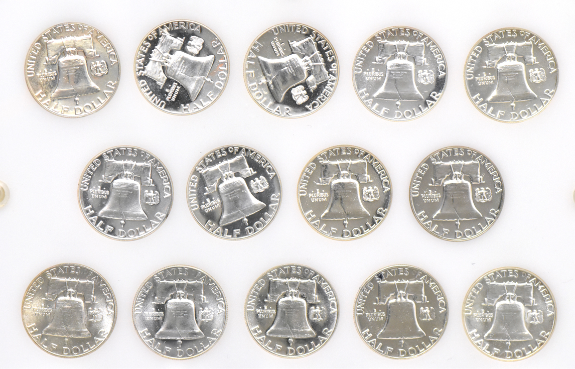 Complete 14 coin Franklin half dollar collection in a Capital Plastics holder