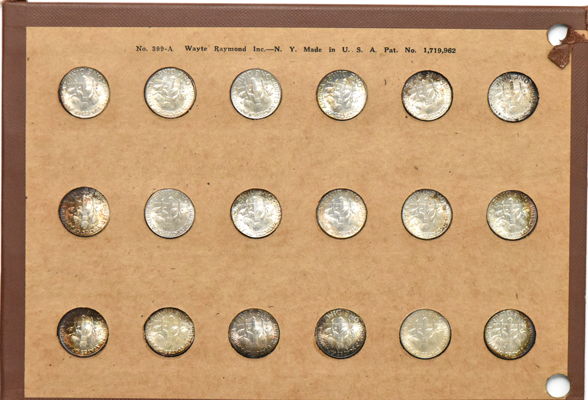 Group of 36 Roosevelt dimes, 1946 through 1958-D, plus 1951, 1952, 1953, and 1954 Proof Sets, all in a National Coin album