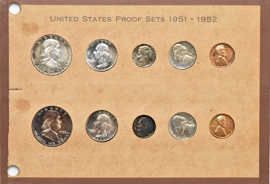 Group of 36 Roosevelt dimes, 1946 through 1958-D, plus 1951, 1952, 1953, and 1954 Proof Sets, all in a National Coin album