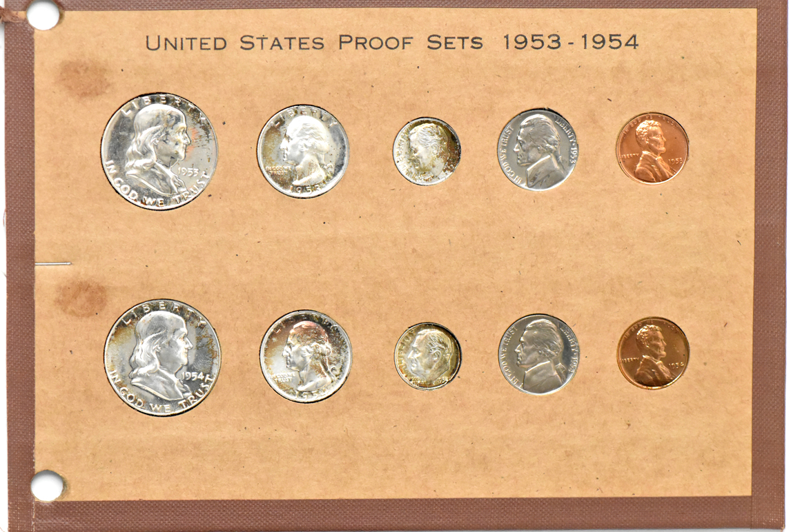 Group of 36 Roosevelt dimes, 1946 through 1958-D, plus 1951, 1952, 1953, and 1954 Proof Sets, all in a National Coin album