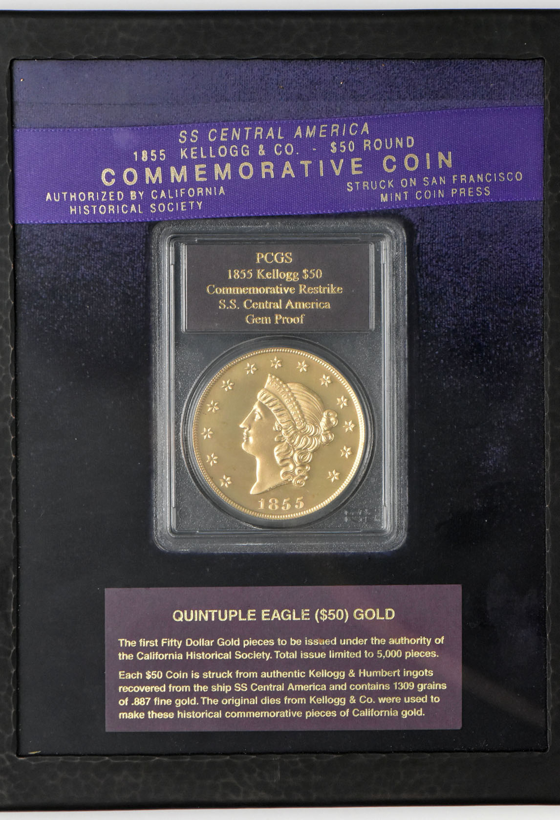 1855-dated $50 Kellogg & Company commemorative restrike, S.S. Central America recovered gold