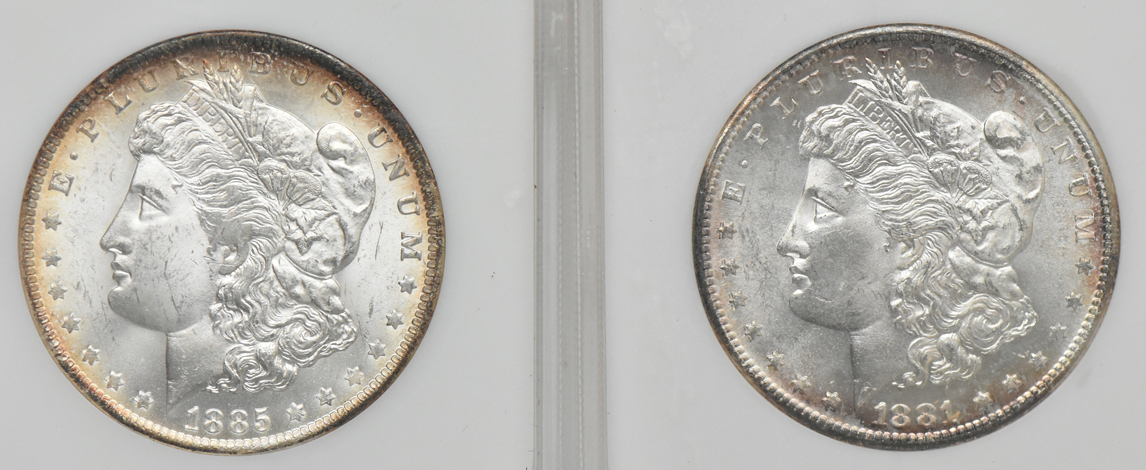 Group of seven Uncirculated Morgan dollars, five NGC (no line), and two PCGS (rattler)