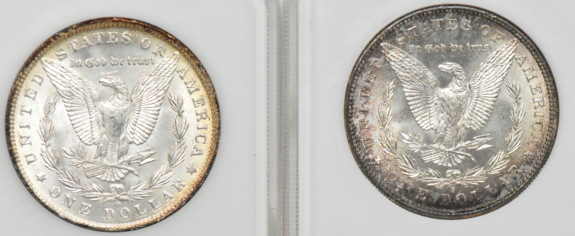 Group of seven Uncirculated Morgan dollars, five NGC (no line), and two PCGS (rattler)