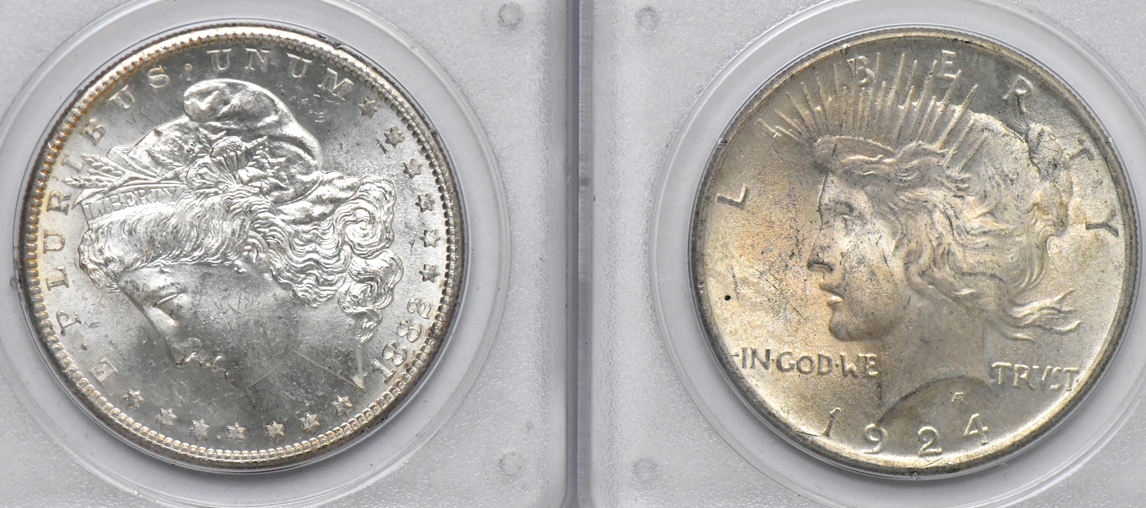 Group of seven Uncirculated Morgan dollars, five NGC (no line), and two PCGS (rattler)