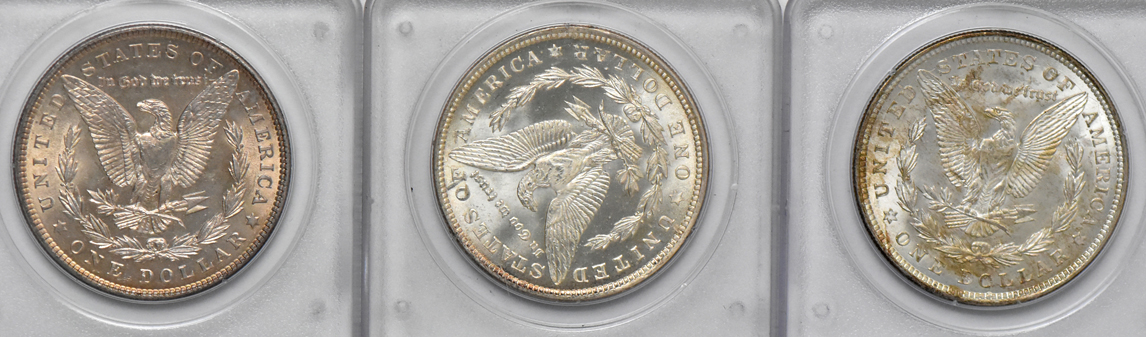 Three Morgan dollars MS-63, plus two Mercury dimes MS-65, all PCGS (rattler)