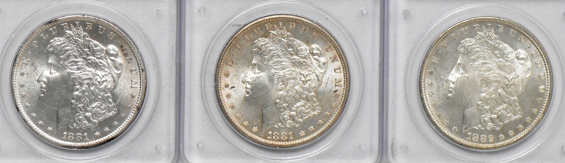 Twenty Morgan dollars, all PCGS MS-63 (rattler)