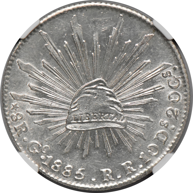 Mexico - 1874/3 Go FR 8 reales MS-62, 1885-Go RR 8 reales MS-61, and an 1894-Go RS 8 reales MS-61, all NGC