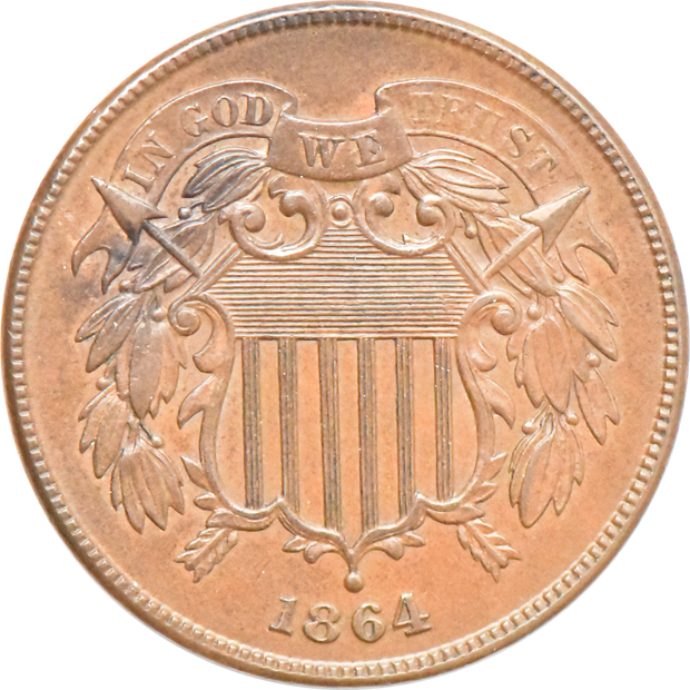 1864 Large Motto as described, 1864 Large Motto UNC/reverse planchet defect, and an 1864 double date UNC
