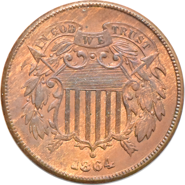 1864 Large Motto as described, 1864 Large Motto UNC/reverse planchet defect, and an 1864 double date UNC