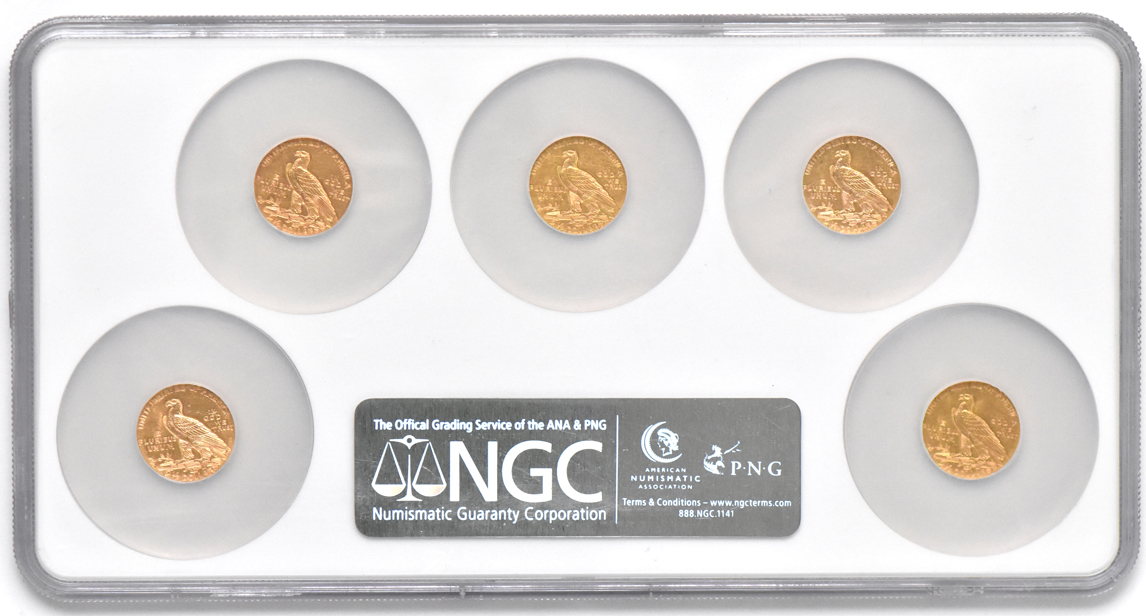 Indian quarter eagle five-coin short set, all NGC MS-62 (single holder)