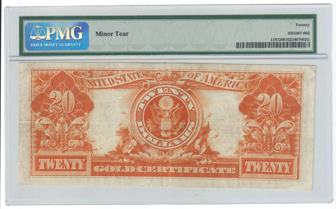1907 $10 Fr# 1172 VF-30/damaged surface on the back, and a 1922 $20 Fr# 1187 VF-20/minor tear
