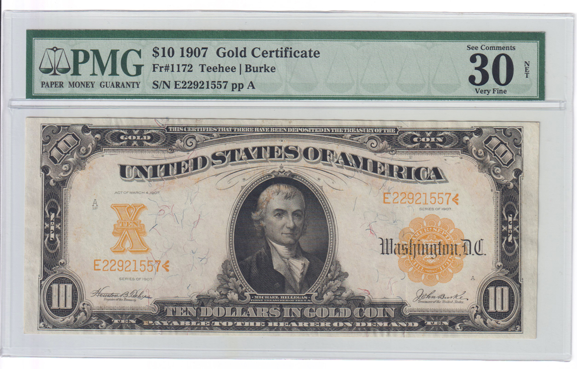 1907 $10 Fr# 1172 VF-30/damaged surface on the back, and a 1922 $20 Fr# 1187 VF-20/minor tear