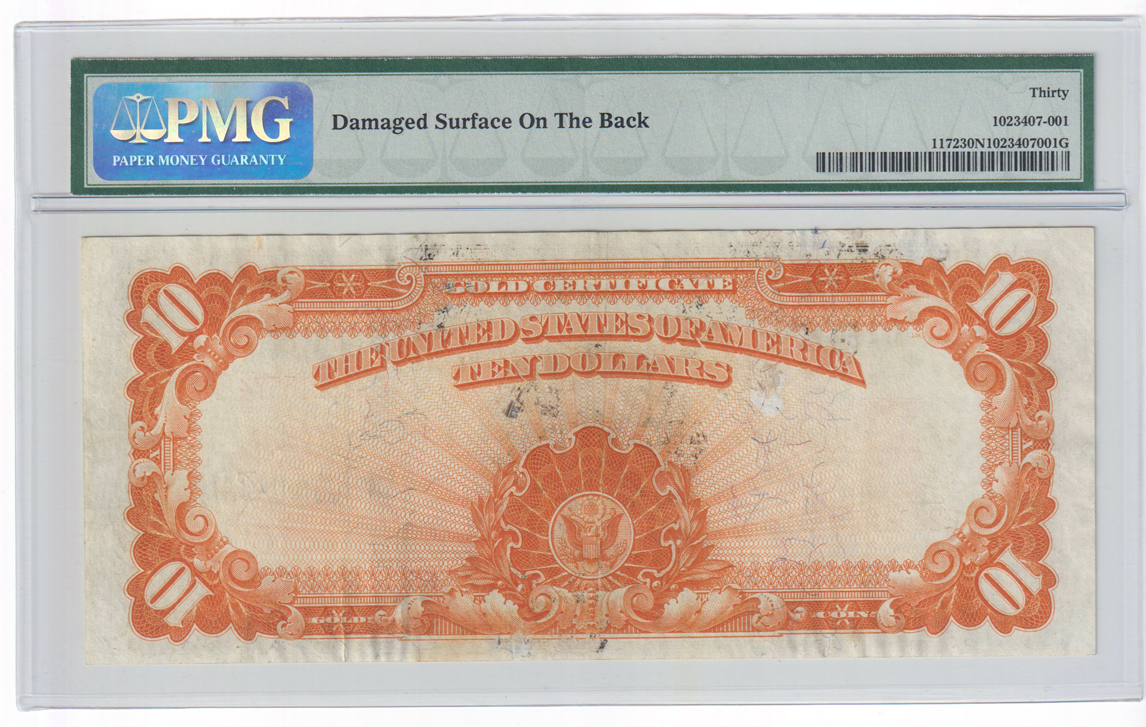 1907 $10 Fr# 1172 VF-30/damaged surface on the back, and a 1922 $20 Fr# 1187 VF-20/minor tear