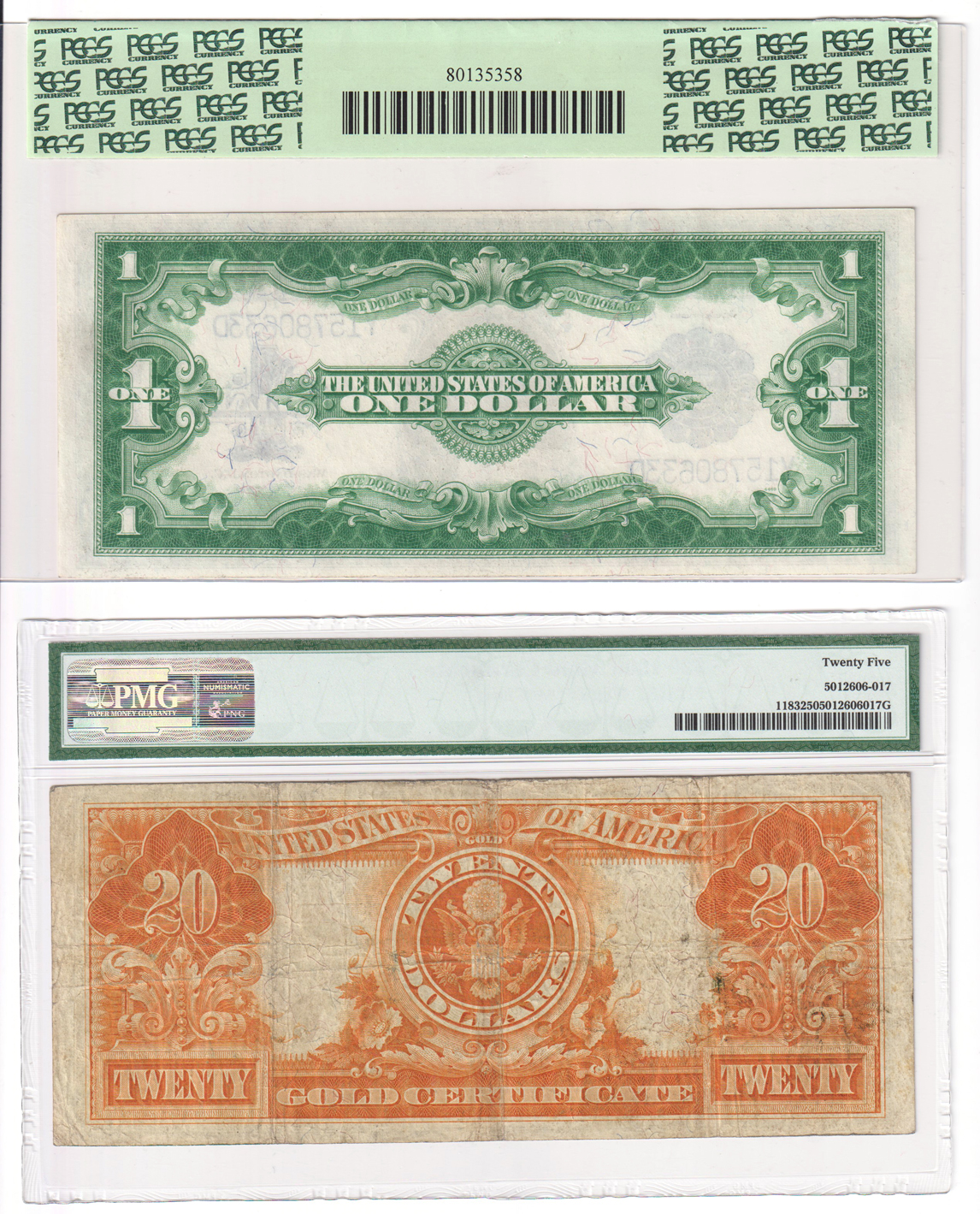 1906 $20 Gold Certificate Fr# 1183 PMG VF-25, and a 1923 $1 Silver Certificate Fr# 237 PCGS ChCU-64 PPQ (damaged holder)