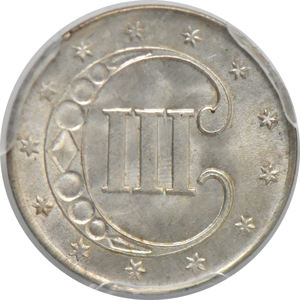 1852 three-cent silver MS-65, 1864 two-cent piece MS-65RB, and an 1882 shield nickel MS-64, all PCGS
