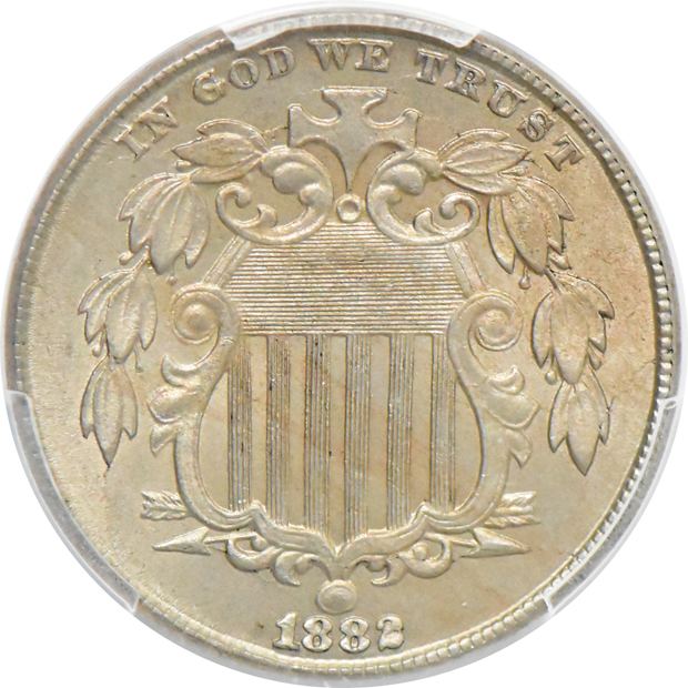 1852 three-cent silver MS-65, 1864 two-cent piece MS-65RB, and an 1882 shield nickel MS-64, all PCGS