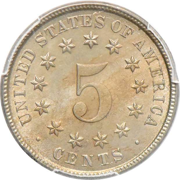 1852 three-cent silver MS-65, 1864 two-cent piece MS-65RB, and an 1882 shield nickel MS-64, all PCGS