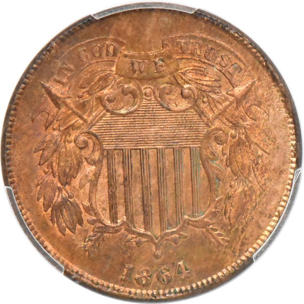 1852 three-cent silver MS-65, 1864 two-cent piece MS-65RB, and an 1882 shield nickel MS-64, all PCGS