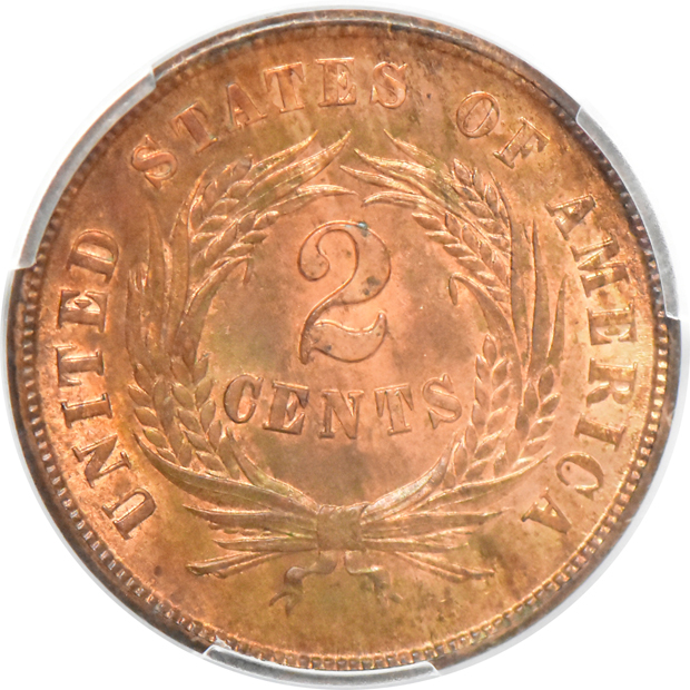 1852 three-cent silver MS-65, 1864 two-cent piece MS-65RB, and an 1882 shield nickel MS-64, all PCGS