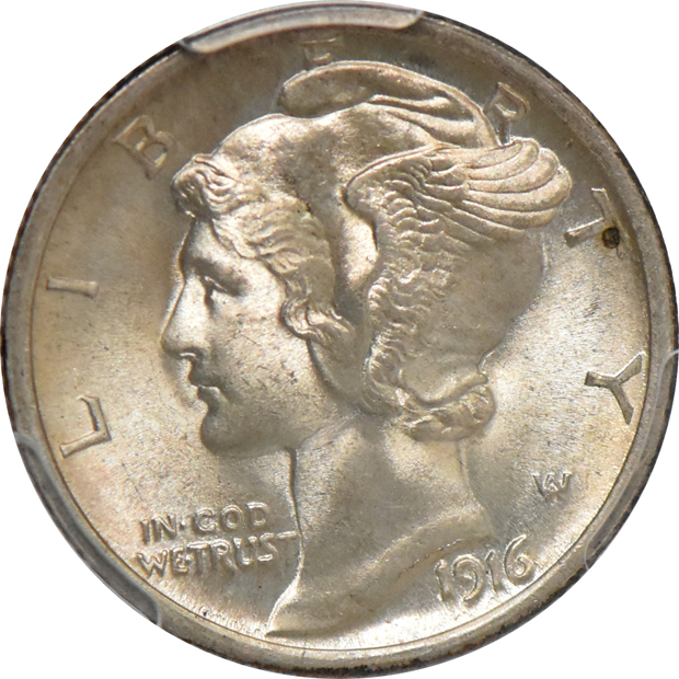 1834 Large 4 Capped Bust dime AU-53, and a 1916 Mercury dime MS-66FB, both PCGS
