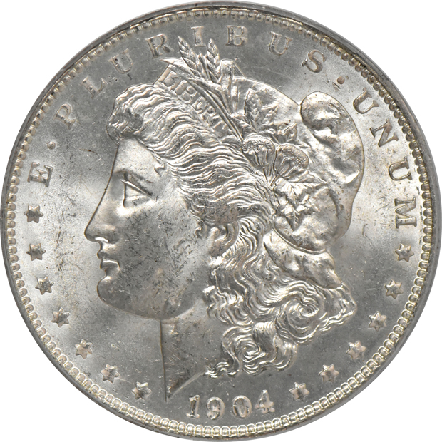 Seven Morgan dollars, all PCGS MS-64 (green label)