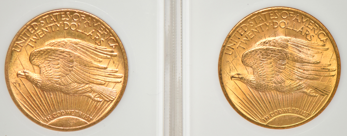 Five Saint-Gaudens double eagles (four 1924 and one 1927), all NGC MS-64 (no line)