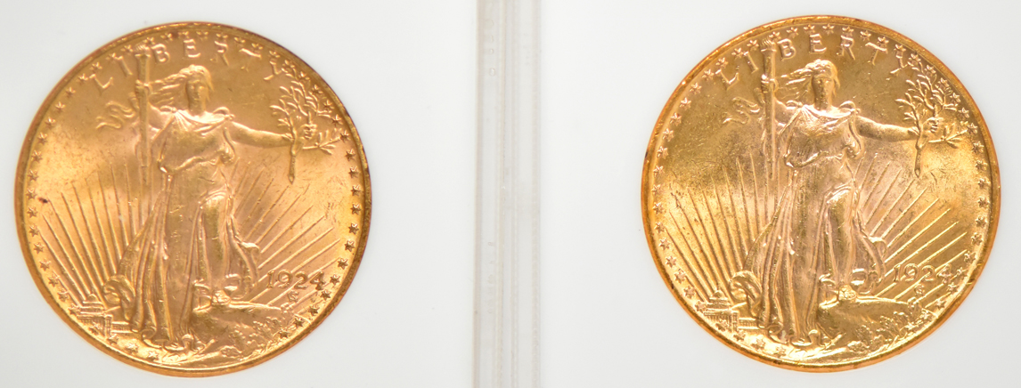 Five Saint-Gaudens double eagles (four 1924 and one 1927), all NGC MS-64 (no line)