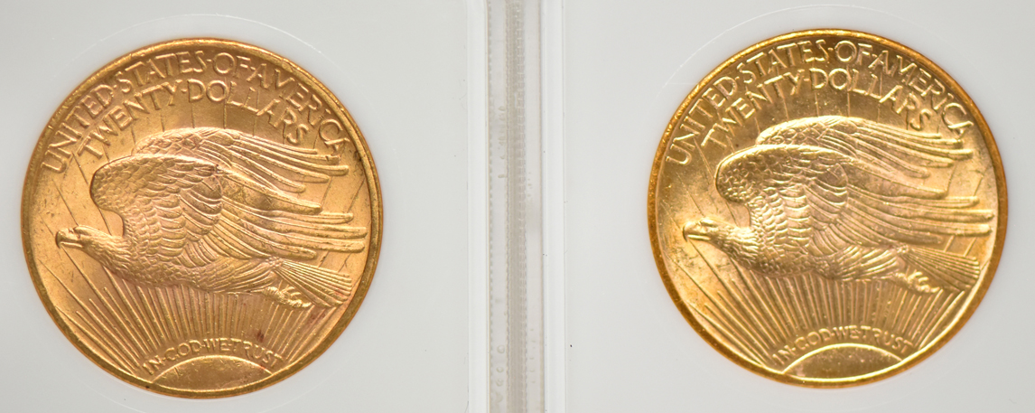 Five Saint-Gaudens double eagles (four 1924 and one 1927), all NGC MS-64 (no line)