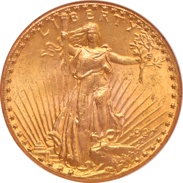 Five Saint-Gaudens double eagles (four 1924 and one 1927), all NGC MS-64 (no line)