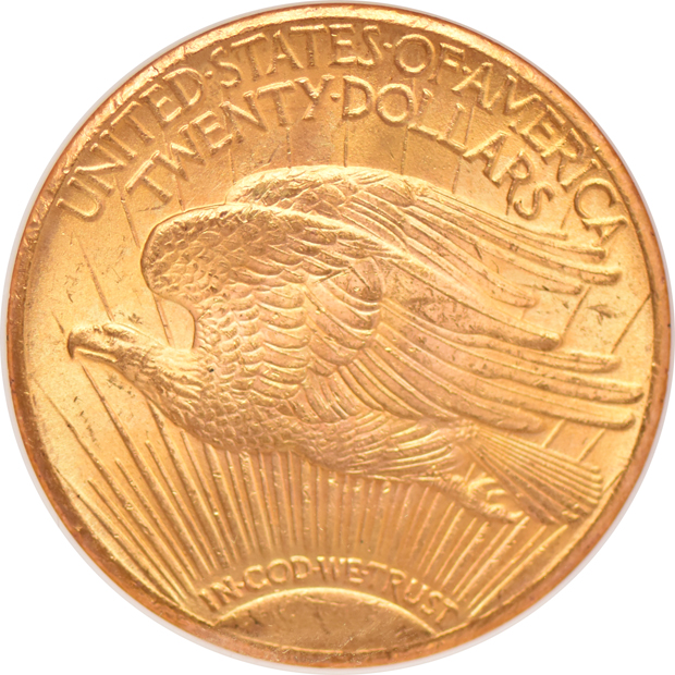 Five Saint-Gaudens double eagles (four 1924 and one 1927), all NGC MS-64 (no line)