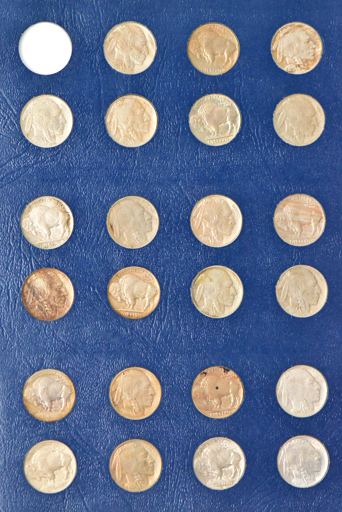 Collection of 65 different Buffalo nickels in a nearly complete Whitman 9403