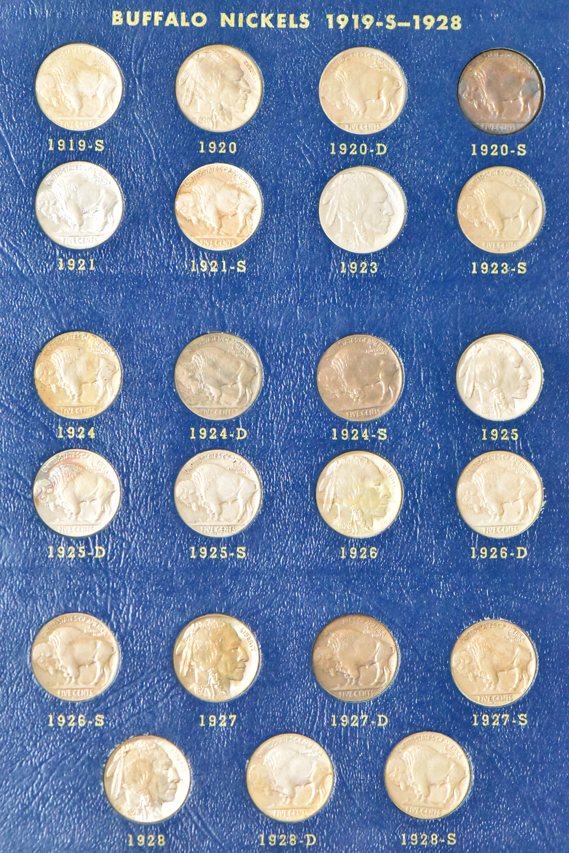 Collection of 65 different Buffalo nickels in a nearly complete Whitman 9403