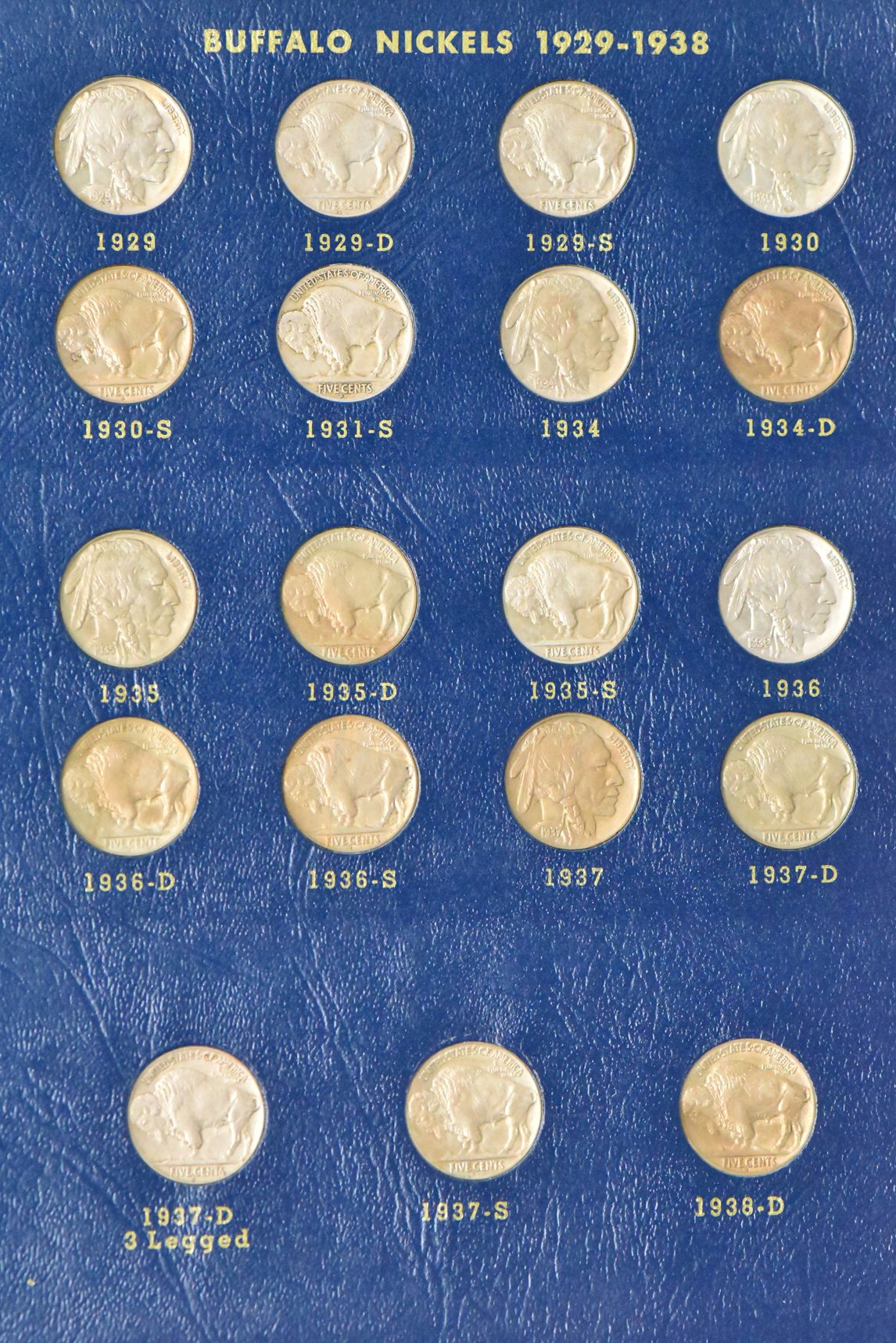 Collection of 65 different Buffalo nickels in a nearly complete Whitman 9403