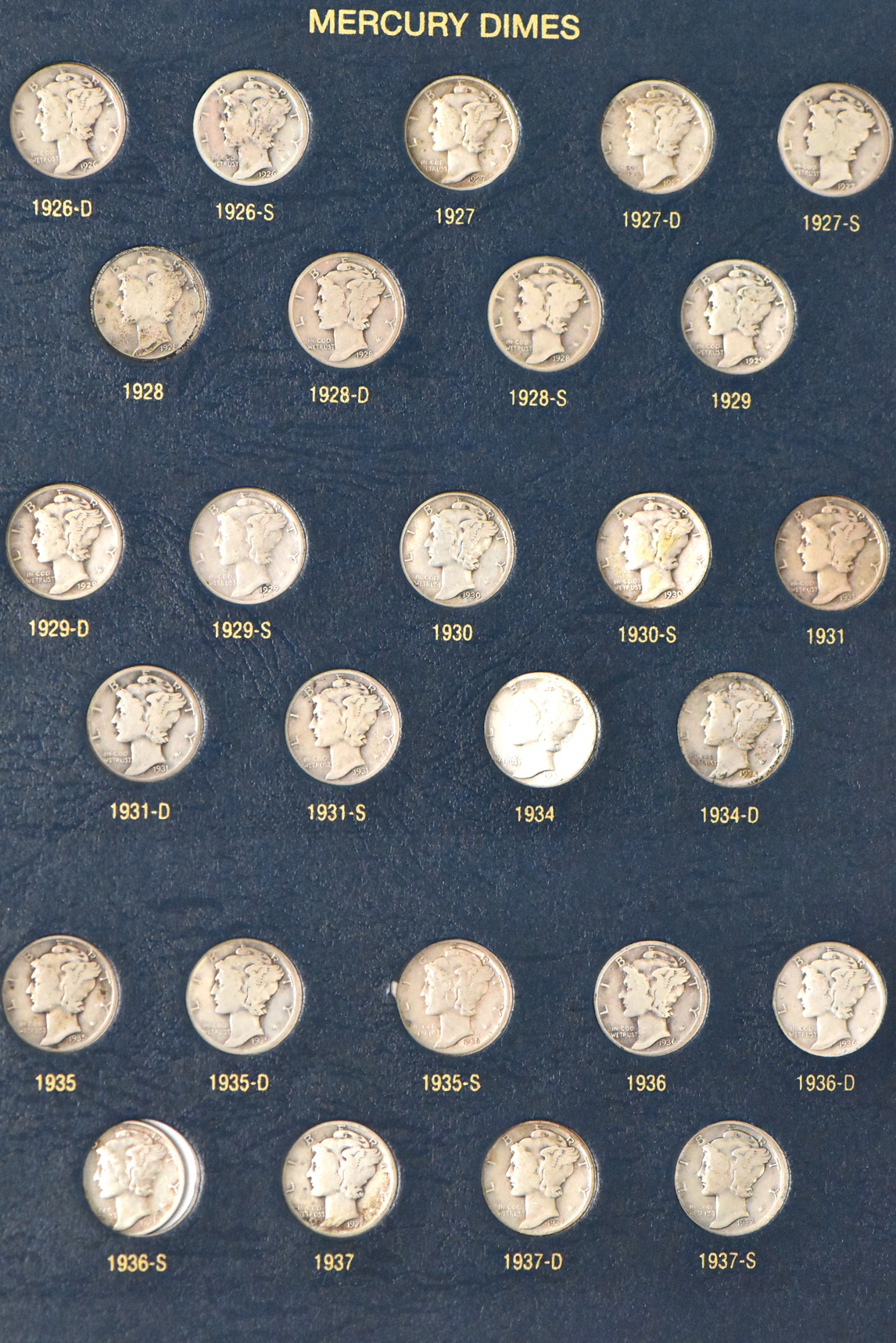 Collection of Mercury dimes complete save for the overdates in a Whitman 9118 album