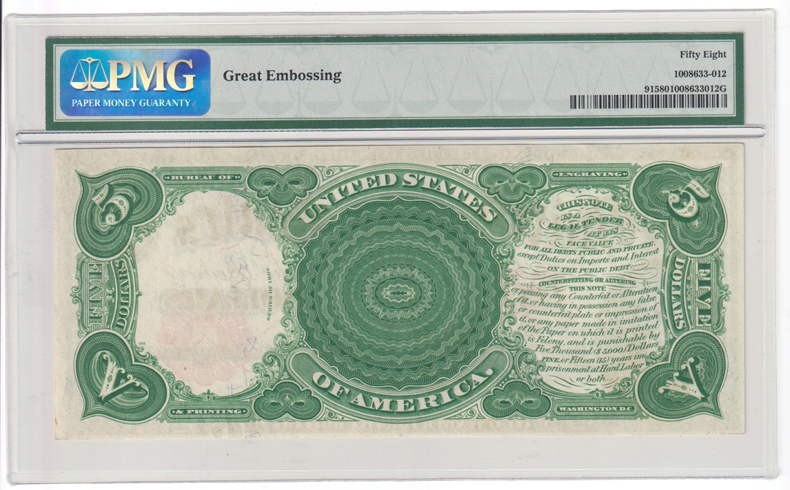 1907 $5 Woodchopper Fr# 91 - PMG AU-58