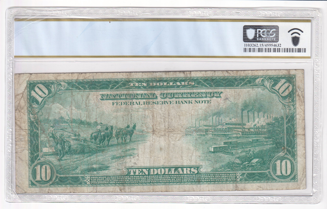 1915 $10 Kansas City Fr# 816 - PCGS F-15