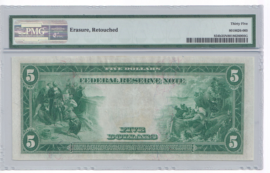 1914 $5 Philadelphia Red Seal Fr# 834b - PMG VF-35/erasure/retouched