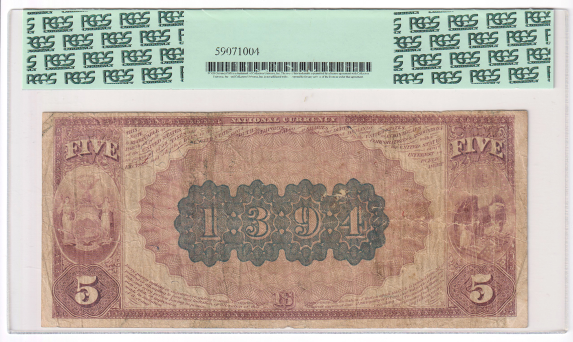 1882 $5 Brown Back - New York City, NY Charter #1394 - PCGS F-15