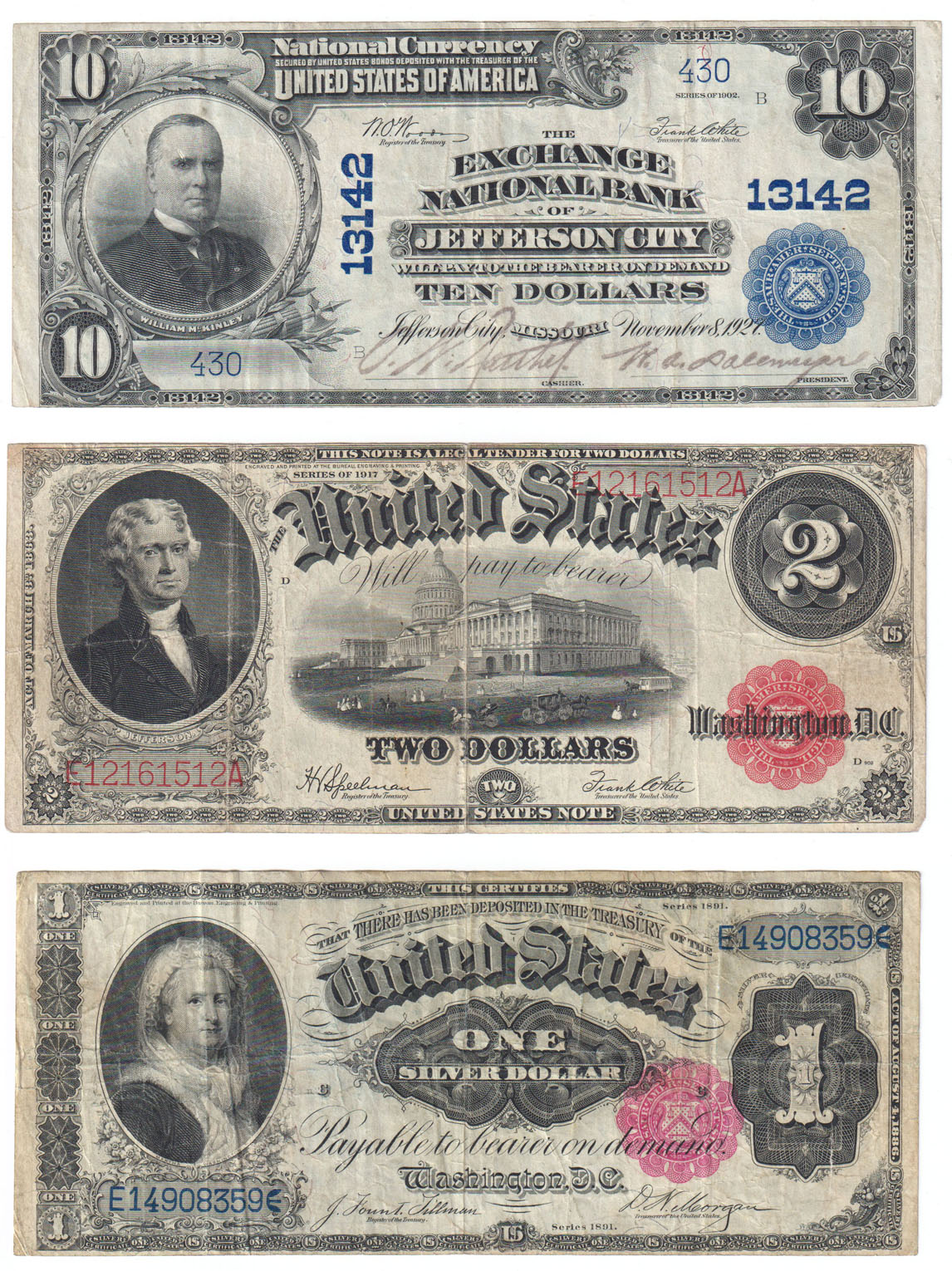 Misc - Group of twelve notes that include a Missouri National, nine Large Size Type, and two Obsoletes