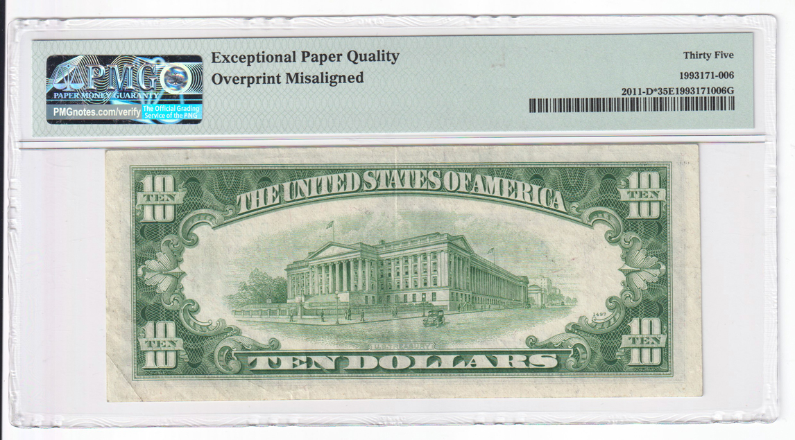 Error Currency - 1950-A $10 Cleveland Star Federal Reserve Note Fr# 2011-D* Misalignment - PMG VF-35 EPQ