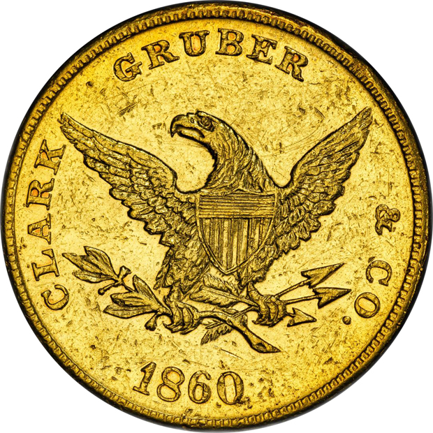 1860 $10 Clark, Gruber & Co. PCGS UNC details/altered surfaces