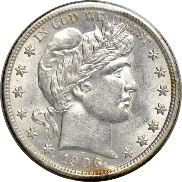 1842 Seated Liberty dollar AU details/cleaned, and a 1906-D Barber half dollar UNC