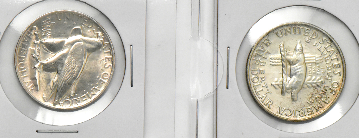 Seven silver commemorative half dollars