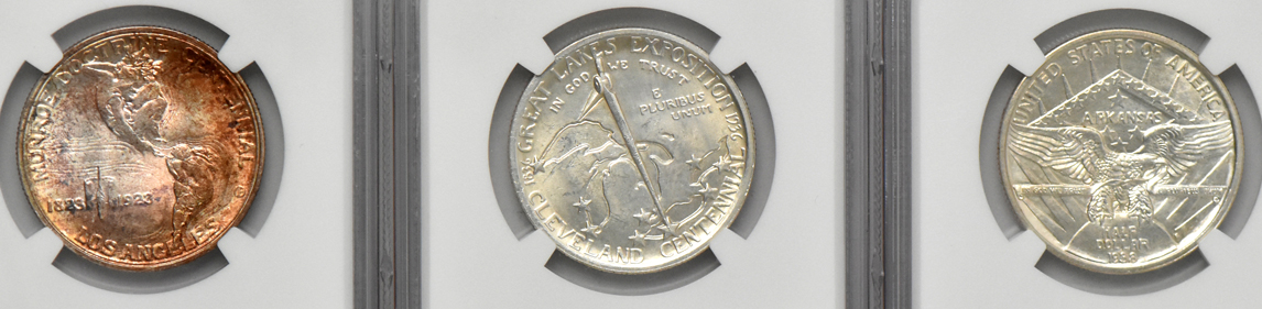 Five silver commemorative half dollars, all NGC MS-64